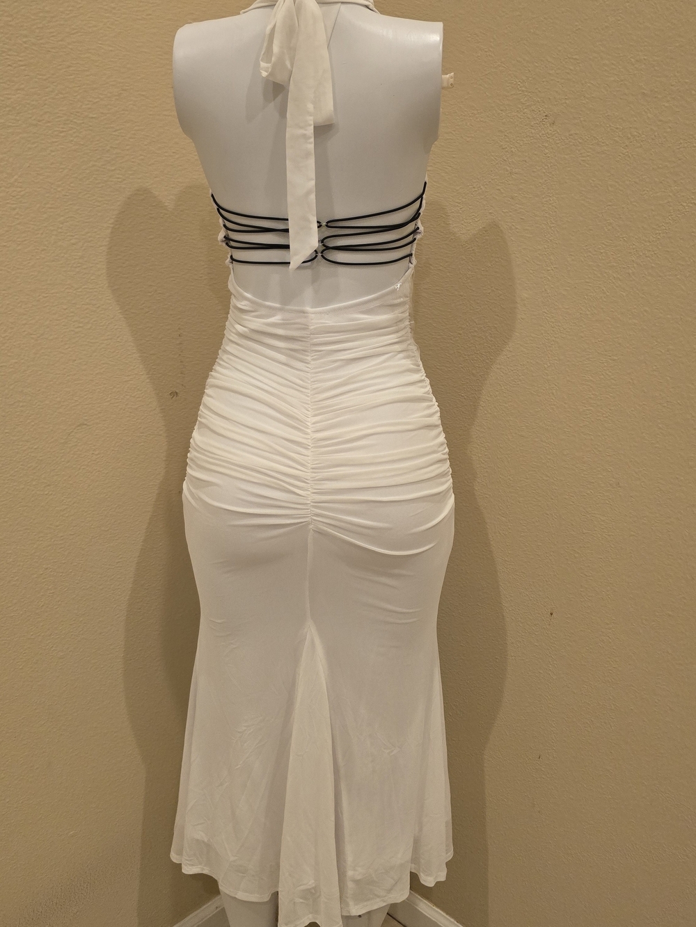 White Halter Midi Dress with Ruched Back
